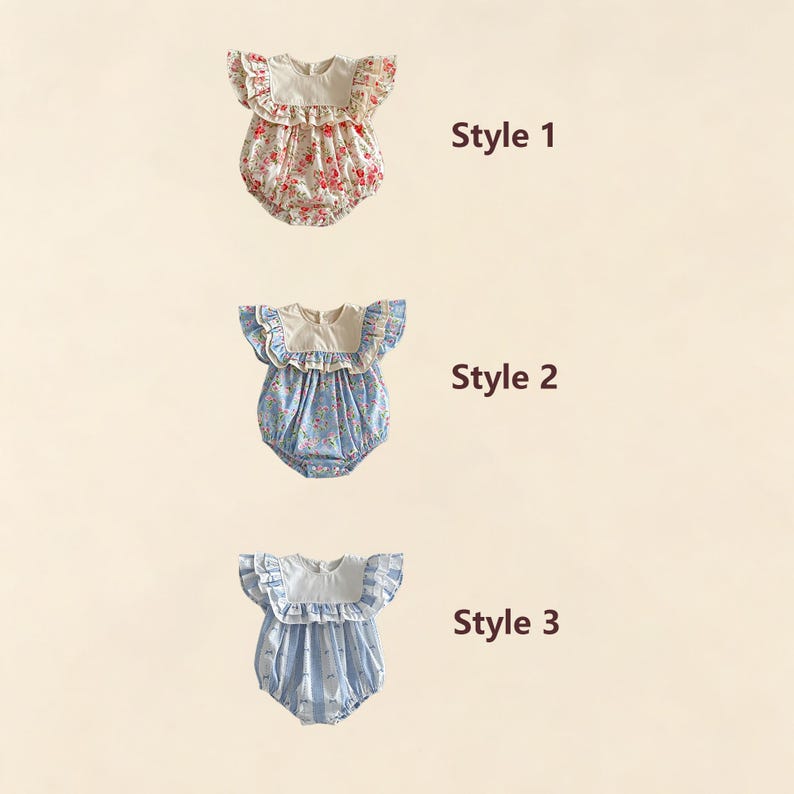 Puede incluir: Tres peleles para beb&eacute;s en diferentes estilos. El estilo 1 es floral con cuello crema y mangas con volantes. El estilo 2 es floral azul con cuello crema y mangas con volantes. El estilo 3 es a rayas azules con cuello crema y mangas con volantes. El texto "Style 1", "Style 2" y "Style 3" es visible.