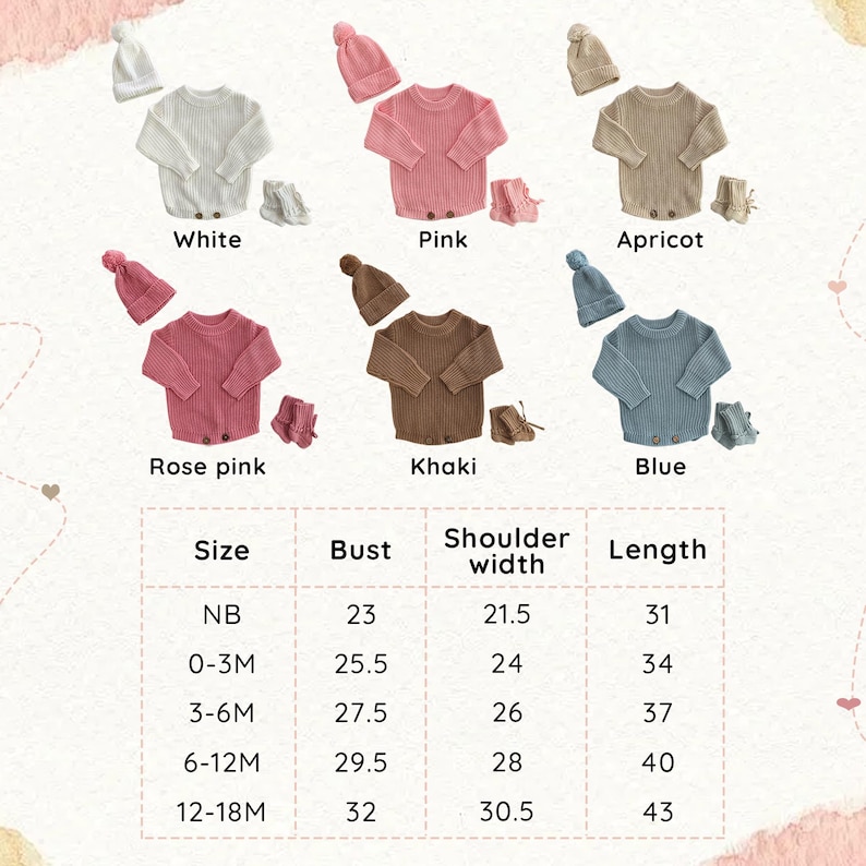 May include: Six sets of ribbed knit long-sleeve rompers, each paired with a matching beanie and booties. Colors include white, pink, apricot, rose pink, khaki, and blue. A size chart is included with columns for size, bust, shoulder width, and length.