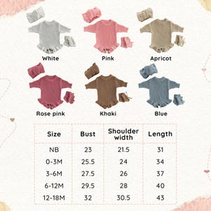 May include: Six sets of ribbed knit baby rompers with matching headbands and booties in white, pink, apricot, rose pink, khaki, and blue. Each romper features a ruffled hem and three buttons. A size chart displays measurements in centimeters.