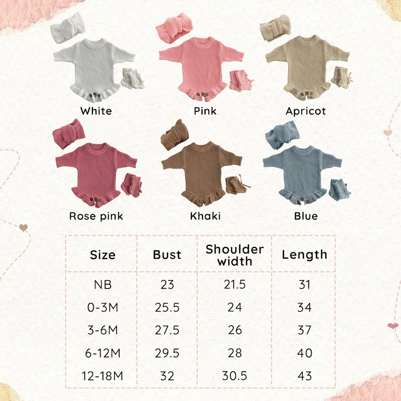 May include: Six sets of ribbed knit baby rompers with matching headbands and booties in white, pink, apricot, rose pink, khaki, and blue. Each romper features a ruffled hem and three buttons. A size chart displays measurements in centimeters.