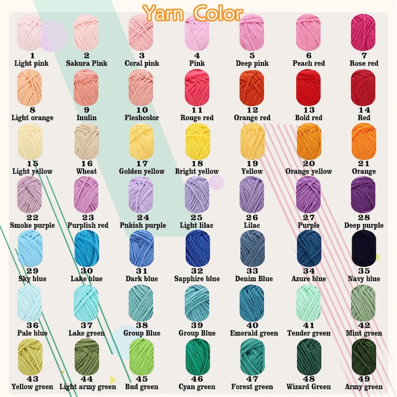 Puede incluir: Una carta de colores de madejas de hilo, etiquetadas con n&uacute;meros y nombres. Los colores del hilo van desde el rosa claro hasta el morado oscuro, con tonos de rojo, naranja, amarillo, verde y azul. El texto "Yarn Color" est&aacute; en la parte superior.