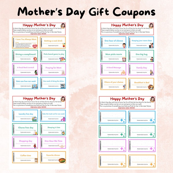 Mother’s day coupon, Mother’s Day Gift , Printable coupons, Mom coupon book, All about my mom, Mom gift from child, Mom presents, Mom coupon