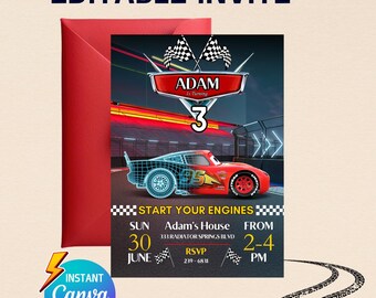 Cars Birthday Invitation | Kids Birthday Mobile Invite | Lightning McQueen Evite, Editable Personalized Canva Printable Digital Invitation