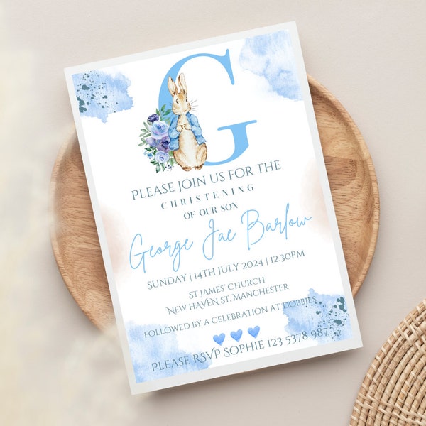 Digital Peter Rabbit Personalised Christening Invitations, Baptism Invitations | Naming Day Invitations | Digital download