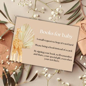 Giraffeboek verzoekkaart uitnodigingskaart | Afdrukbare download babybibliotheek | Neem een boek mee in plaats van een kaart |