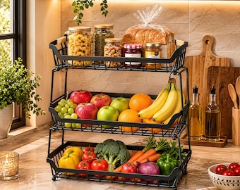 3 Tier Fruit Basket with Banana Hangers, Black Metal Fruit & Vegetable Storage Rack, Kitchen Countertop Organizer, Wire Produce Stand
