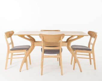 Idalia curved rectangular dining table set, 5-piece set, Natural oak / Dark gray