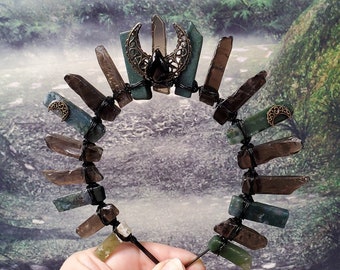 Triple Moon Crystal Crown, Smoky Quartz and Moss Agate Tiara, Dark Forest Witch Crown