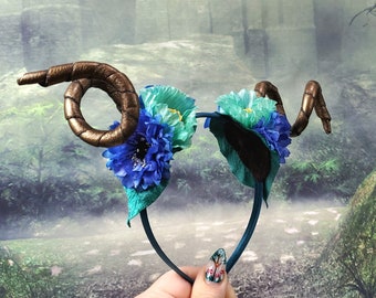 Horn Headband - Blue Floral Curled Horns - Dragon Costume Horns - Cosplay Faun Maenad Headband