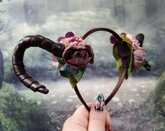 Horn Headband - Purple Floral Curled Horns - Dragon Costume Horns - Cosplay Faun Tiefling Headband