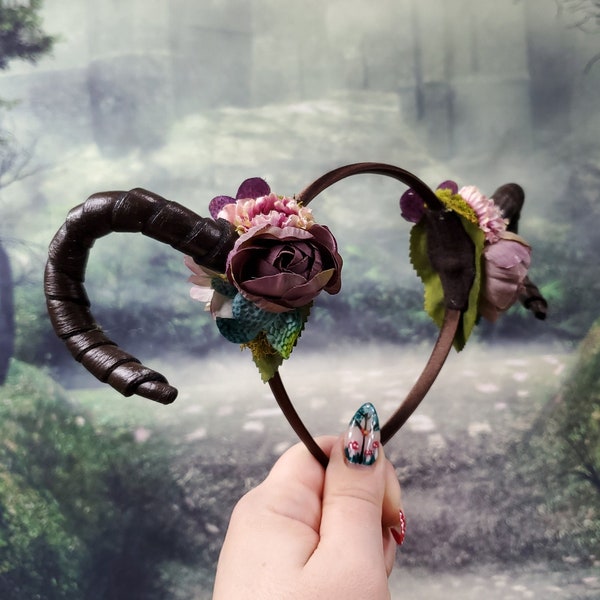 Horn Headband - Purple Floral Curled Horns - Dragon Costume Horns - Cosplay Faun Tiefling Headband