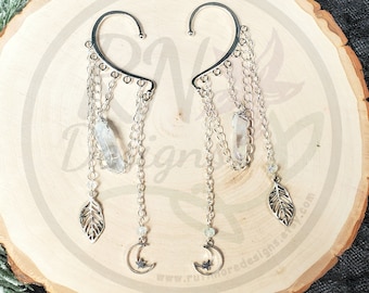 Bijou d'oreille à pointe de quartz - Or ou argent - Boucles d'oreilles pendantes - Lune et étoile - Boucle d'oreille pendante fée