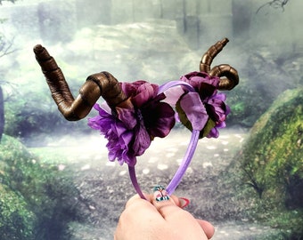 Floral Horn Headband, Purple Floral Tiefling Horns, Dragon Costume Horns, Cosplay Faun Maenad Headband,