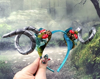 Floral Horn Headband - Mushrooms and Woodland Floral Tiefling Horns - Dragon Costume Horns - Cosplay Faun Maenad Headband