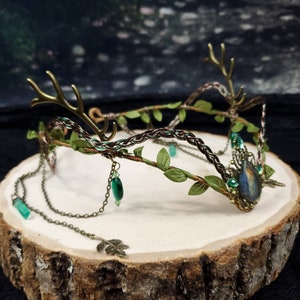 Bronze and Green Woodland Antler Crown - Choose your gemstone