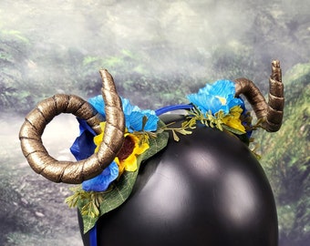 Horn Headband - Blue and Yellow Floral Tiefling Horns - Dragon Costume Horns - Cosplay Faun Maenad Headband