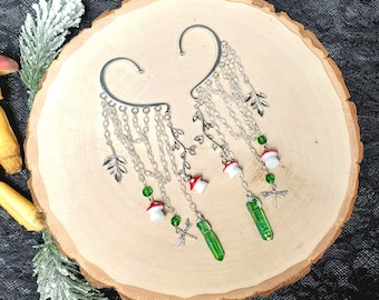 Mushroom Ear Cuffs, Gold or Silver Woodland Earring, Gifts for Mushroom Lovers, Quartz Ear Wrap, Dangle Fairy Earring