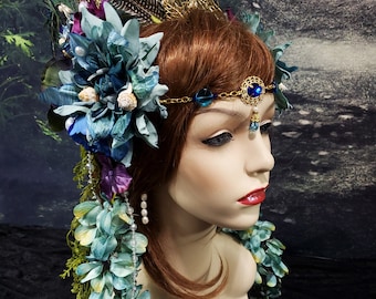 Mucha Inspired Headdress, Woodland Headdress, Green, Purple, Blue, Gypsy, Tribal, Floral Headpiece, Flower Crown, Circlet, Costume Headpiece