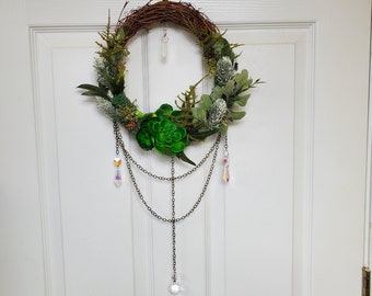 Suncatcher Wreath, Magical Forest Fairy Portal Wreath, Green Succulents, Green Calcite, Wall Art Home Decor