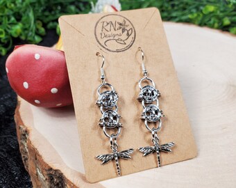 Silver Chainmaille Earrings, Dragonfly Ear Hangers, Gifts for Women
