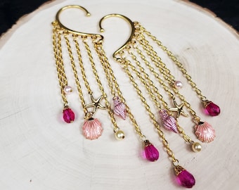 Pink and Gold Seashell Dangle Earcuffs - 2 cuffs
