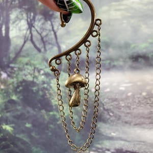 Mushroom Ear Cuff, Dangle Chain Ear Hanger, Silver or Bronze