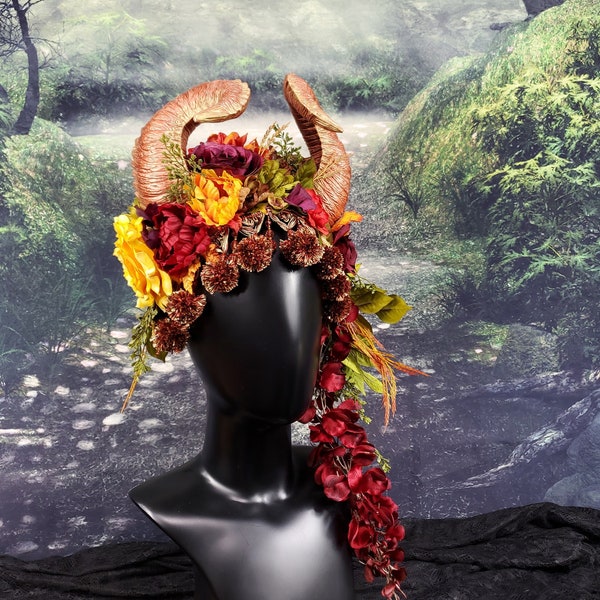 Autumn Goddess Headdress, Horned Satyr Forest Headpiece, Fall Maenad Harvest Headdress, Cosplay, Witch