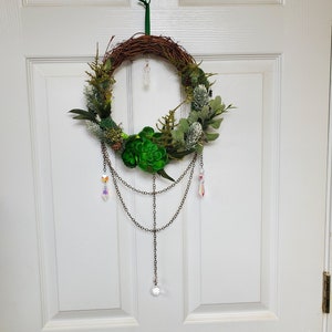 Suncatcher Wreath, Magical Forest Fairy Portal Wreath, Green Succulents, Green Calcite, Wall Art Home Decor image 1