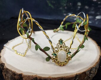 Moonstone Elven Circlet Crown, Gold and Silver Fairy Costume Headdress, Tiara, Cosplay