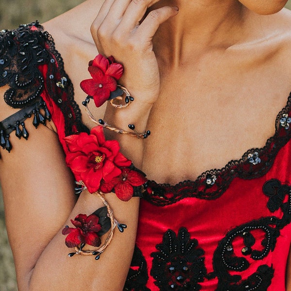 Woodland Flower Wrist Cuff - Red and Black Corsage Wristlet