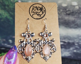 Silver Filigree and Peach Moonstone Earrings, Regency Style, Vintage Style Earrings, Gifts for Women