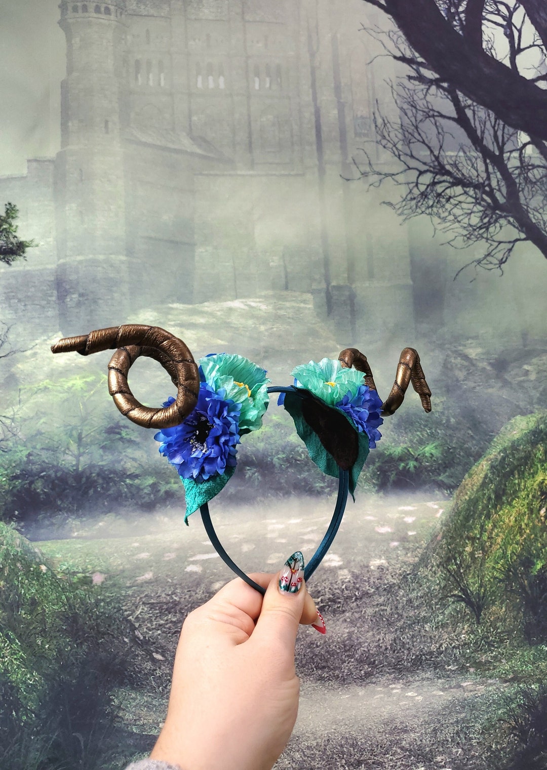 Horn Headband Blue Floral Curled Horns Dragon Costume Horns Cosplay