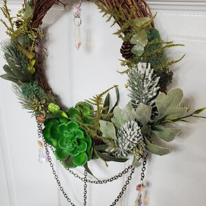 Suncatcher Wreath, Magical Forest Fairy Portal Wreath, Green Succulents, Green Calcite, Wall Art Home Decor image 8