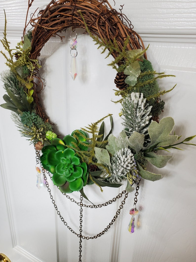 Suncatcher Wreath, Magical Forest Fairy Portal Wreath, Green Succulents, Green Calcite, Wall Art Home Decor image 8