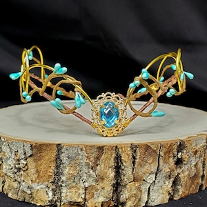 Woodland Elven Circlet, Blue and Gold, Fairy Crown, Costume Headdress, Tiara, Cosplay image 1
