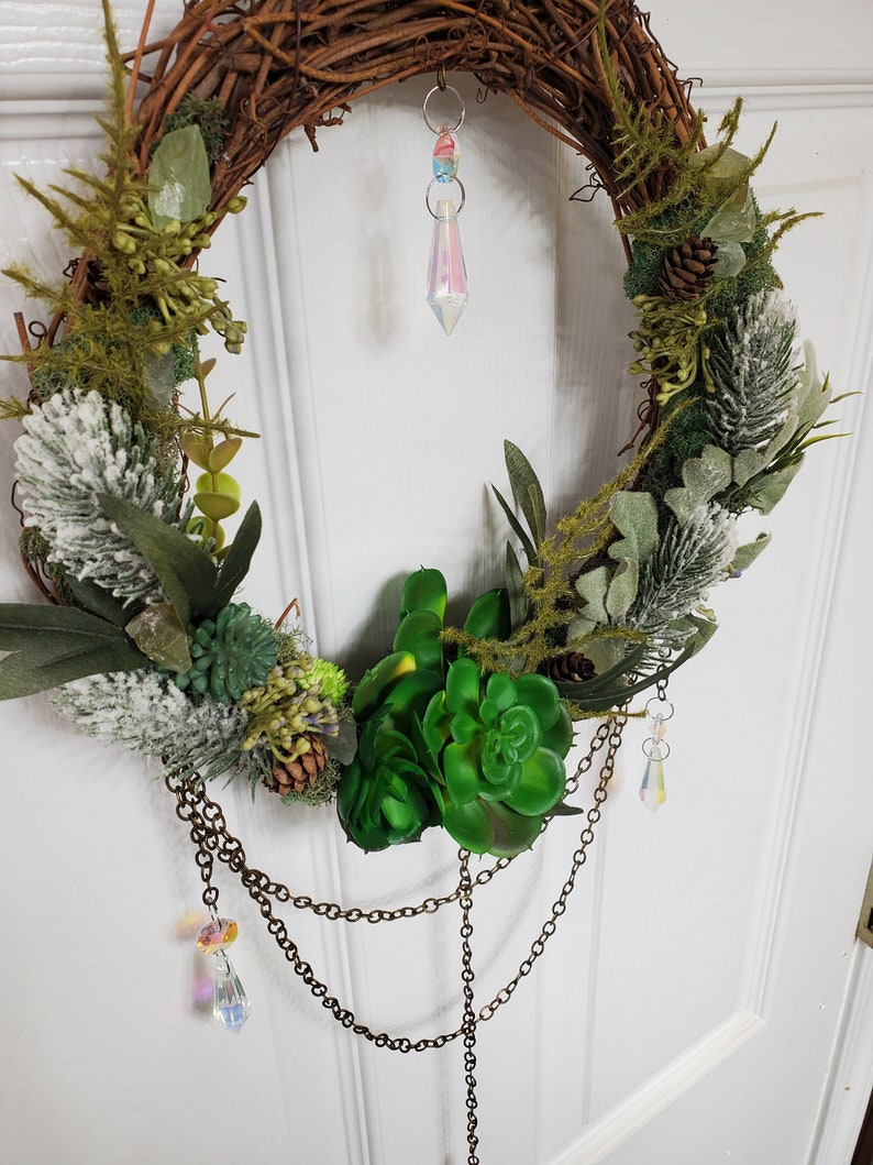 Suncatcher Wreath, Magical Forest Fairy Portal Wreath, Green Succulents, Green Calcite, Wall Art Home Decor image 4