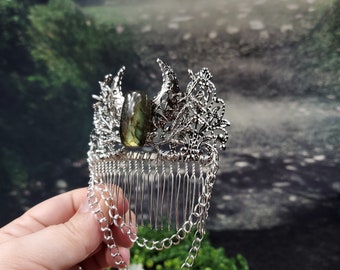 Silver Moon Hair Comb - Choose Your Crystal - Fantasy Hair Jewelry - Labradorite - Fascinator