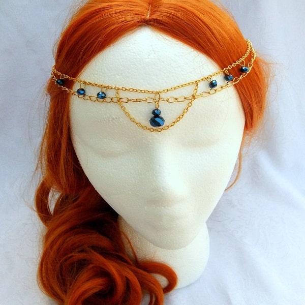 Medieval Maiden Circlet Head Piece, Golden Circlet with Iridescent Blue Crystal Accents, Gold Circlet, Renaissance Princess