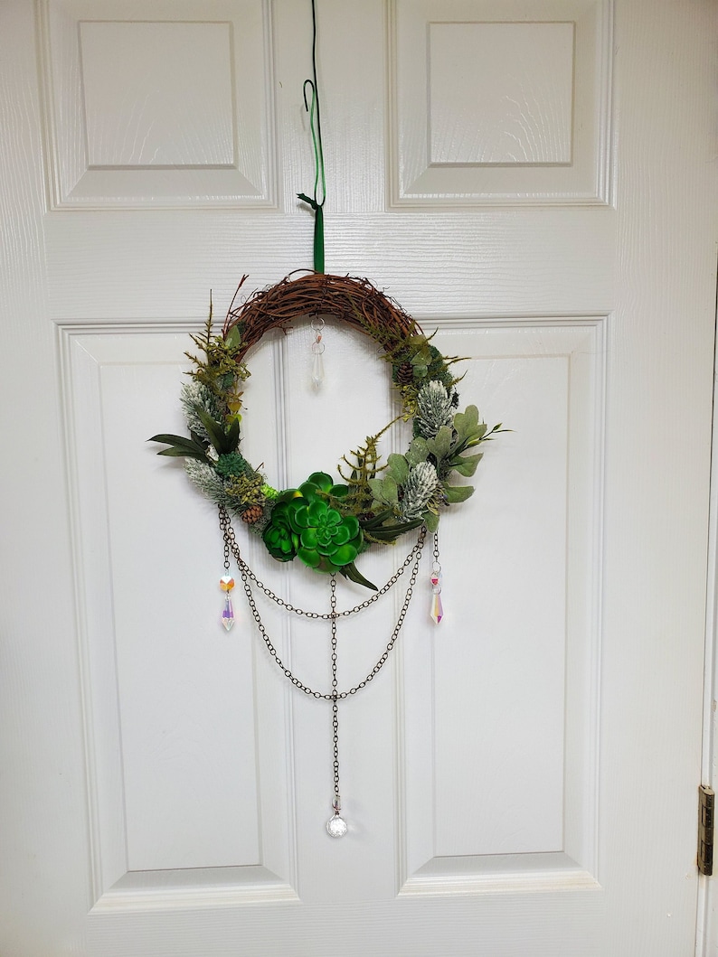 Suncatcher Wreath, Magical Forest Fairy Portal Wreath, Green Succulents, Green Calcite, Wall Art Home Decor image 1