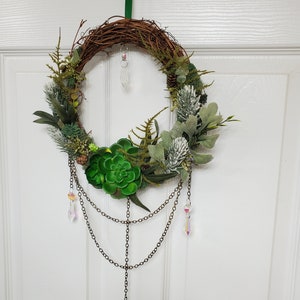 Suncatcher Wreath, Magical Forest Fairy Portal Wreath, Green Succulents, Green Calcite, Wall Art Home Decor image 5