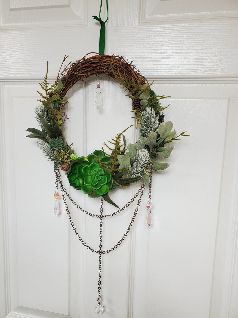 Suncatcher Wreath, Magical Forest Fairy Portal Wreath, Green Succulents, Green Calcite, Wall Art Home Decor image 5