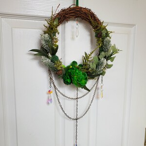 Suncatcher Wreath, Magical Forest Fairy Portal Wreath, Green Succulents, Green Calcite, Wall Art Home Decor image 2