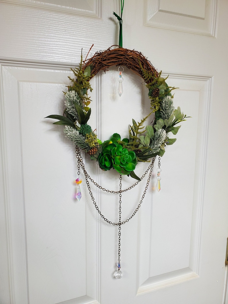 Suncatcher Wreath, Magical Forest Fairy Portal Wreath, Green Succulents, Green Calcite, Wall Art Home Decor image 2