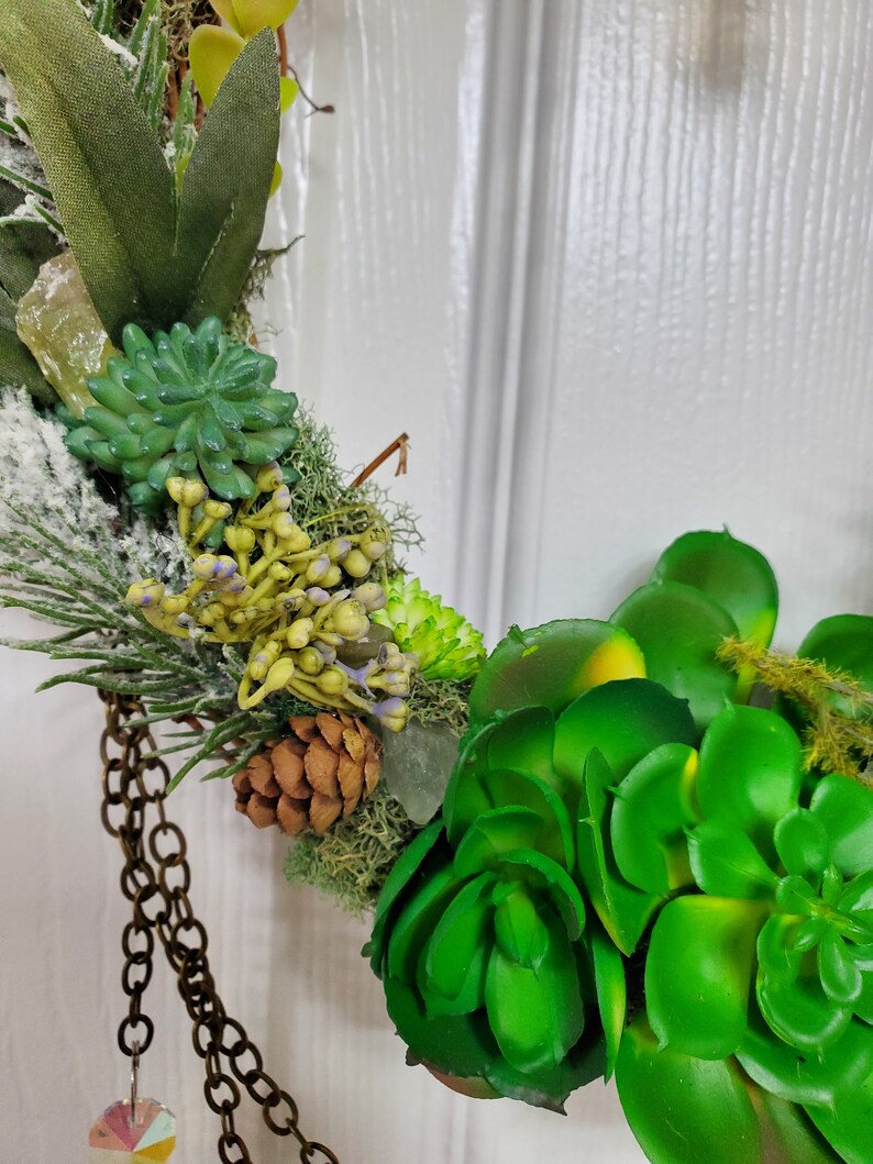 Suncatcher Wreath, Magical Forest Fairy Portal Wreath, Green Succulents, Green Calcite, Wall Art Home Decor image 6