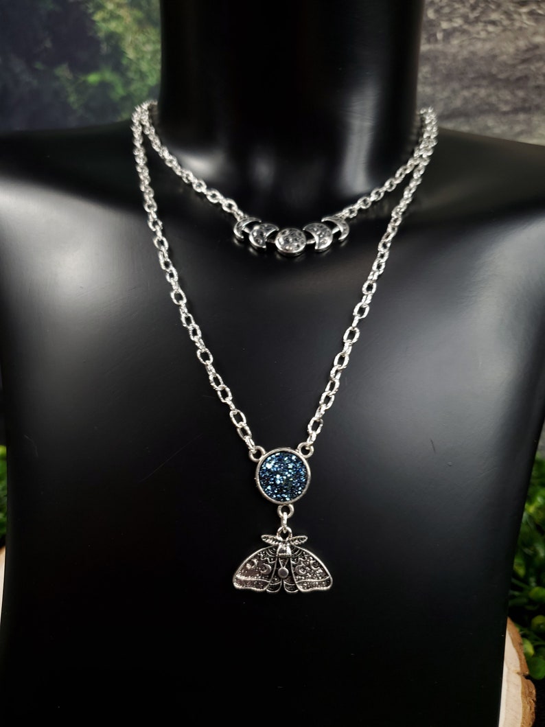 Silver Moth Moon Phase layered Necklace, Silver Chain Necklace image 6