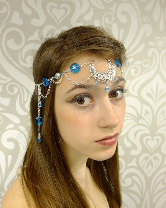 Moon Goddess Circlet Silver and Ocean Blue Headpiece Elven