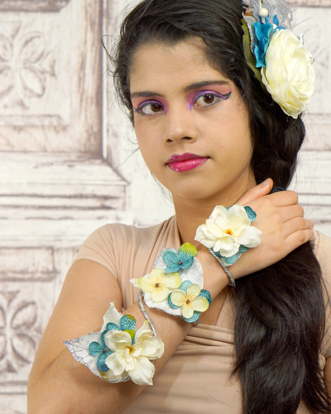 Flower Wrap Cuff Flower Arm Band Blue and White Bracelet Etsy