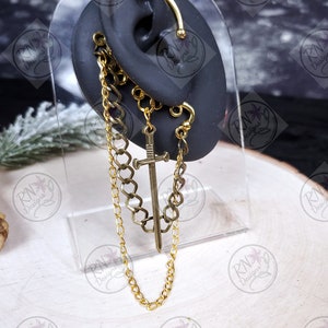 Sword Ear Cuff Gold and Bronze or Silver Ear Hanger Earrings Sword Ear Wrap Dangle Chain Earring Cuff image 2