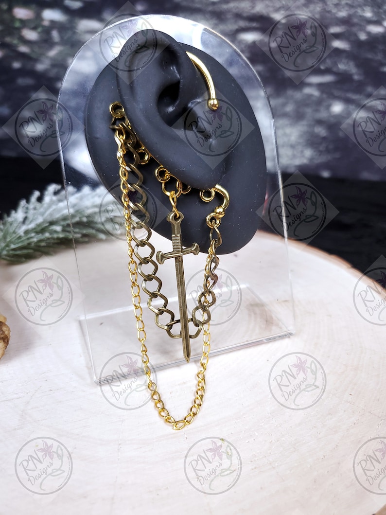 Sword Ear Cuff Gold and Bronze or Silver Ear Hanger Earrings Sword Ear Wrap Dangle Chain Earring Cuff image 2