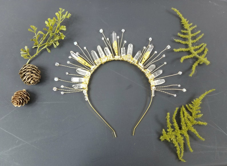 Halo Crystal Crown Clear Crystal and Gold Crown Quartz Crystal Point Tiara Crystal Headband Natural Crystals
